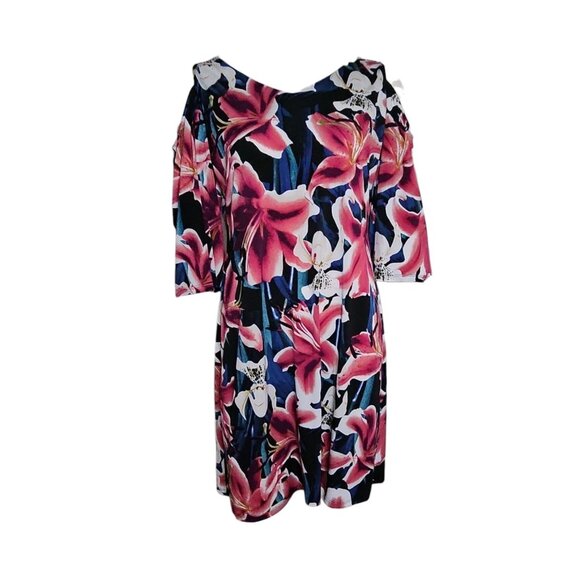 Connected Apparel Dress Womens Size 12 Blue Pink Floral Cold Shoulder Tropical - Picture 1 of 6